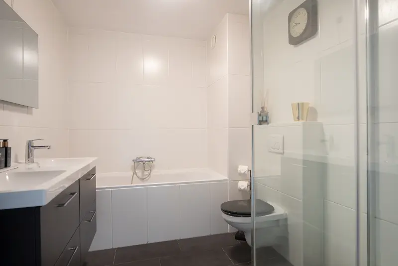 Badkamer met ligbad, inloopdouche, toilet en wastafelmeubel