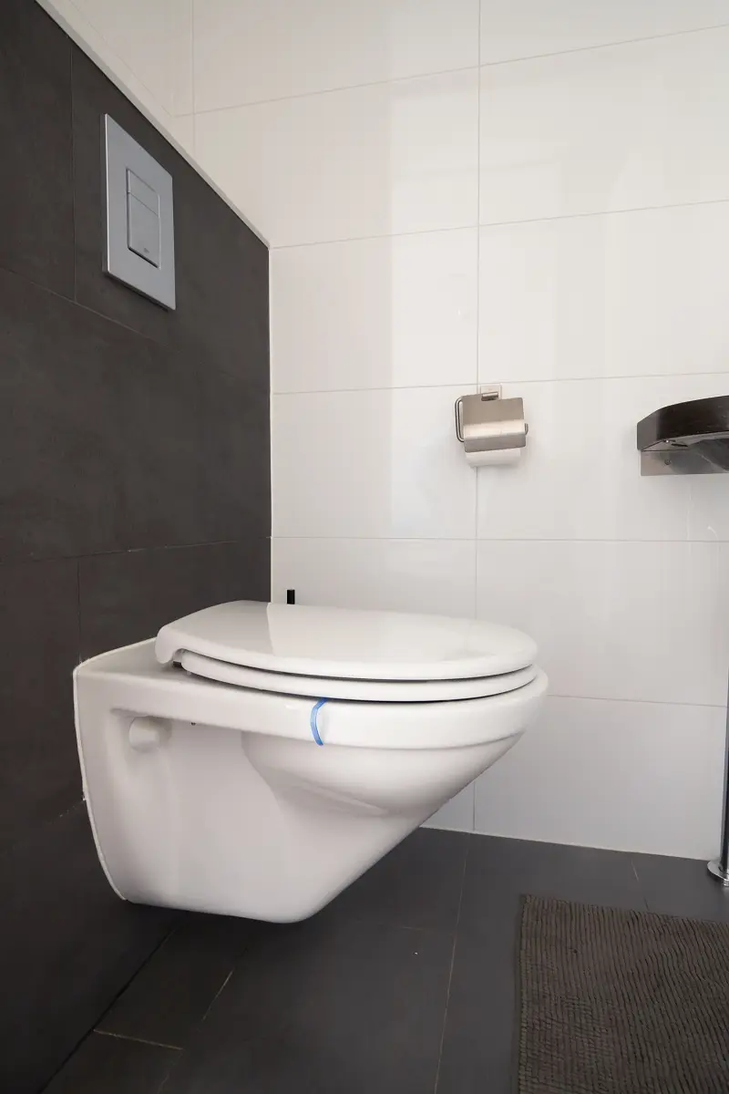 Tweede toilet met wandcloset en antracietkleurige accenttegel