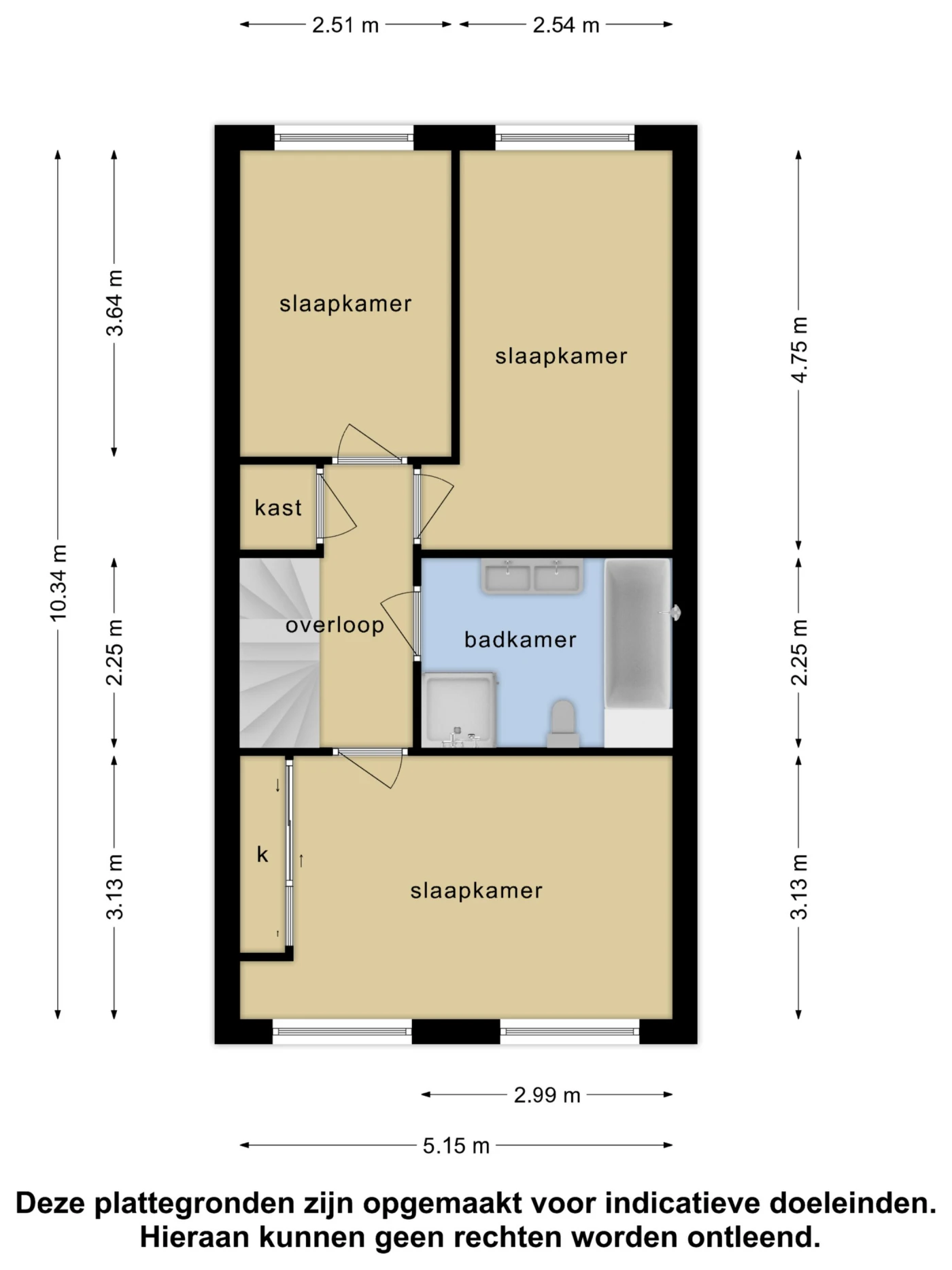 Plattegrond van de tweede verdieping met drie slaapkamers en badkamer