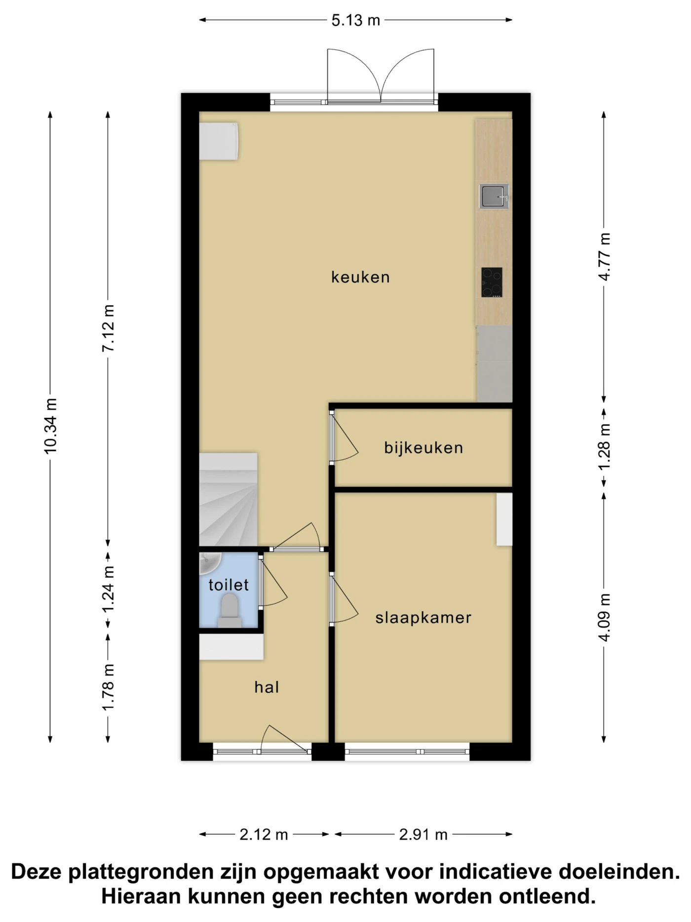 Plattegrond van de begane grond met keuken, bijkeuken, toilet, hal en kamer